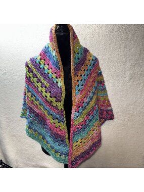Rainbow Crochet Triangle Shawl Wrap Multicolor Stripes Handmade Soft